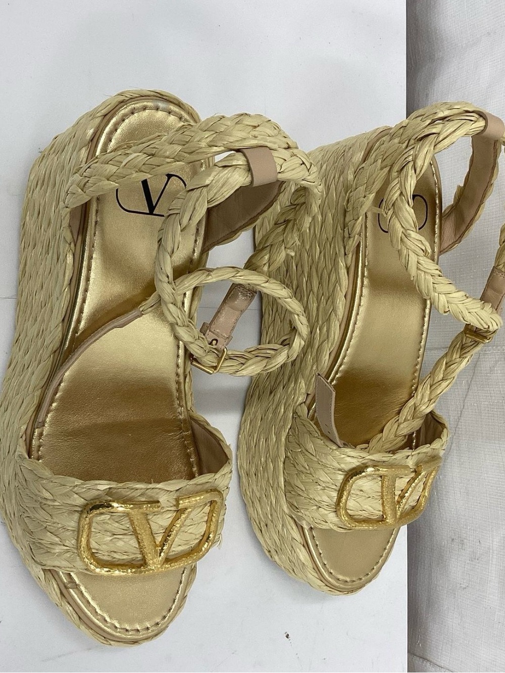 Valentino Garavani Gold Raffia Braided Ankle-Strap flatform Sandals